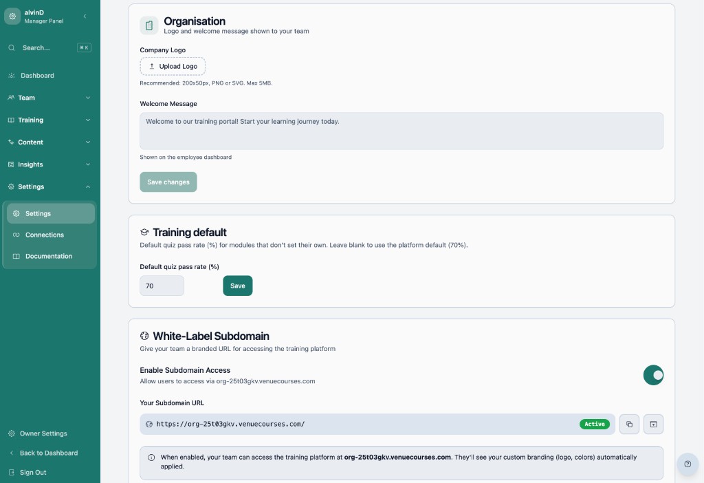 White-label settings: subdomain and branding